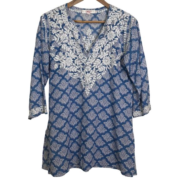 Amaya Size 42 Medium Hand Block Printed Embroidered Blue and White Tunic Blouse - Picture 1 of 9